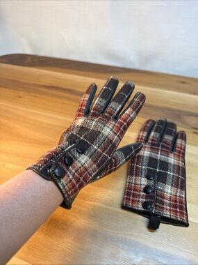 Women’s Genuine Leather & Fabric Gloves Sz M Brown Plaid Lined Driving Classic‎